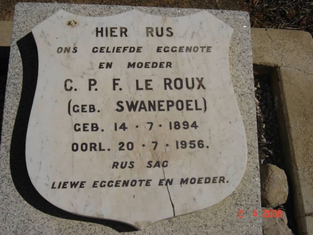 ROUX C.P.F., le nee SWANEPOEL 1894-1956