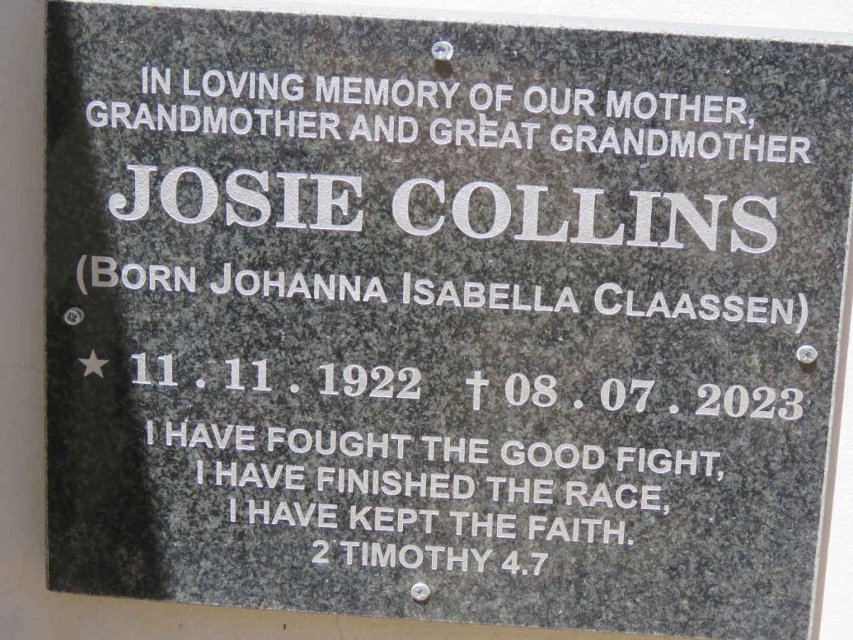 COLLINS Johanna Isabella nee CLAASSEN 1922-2023