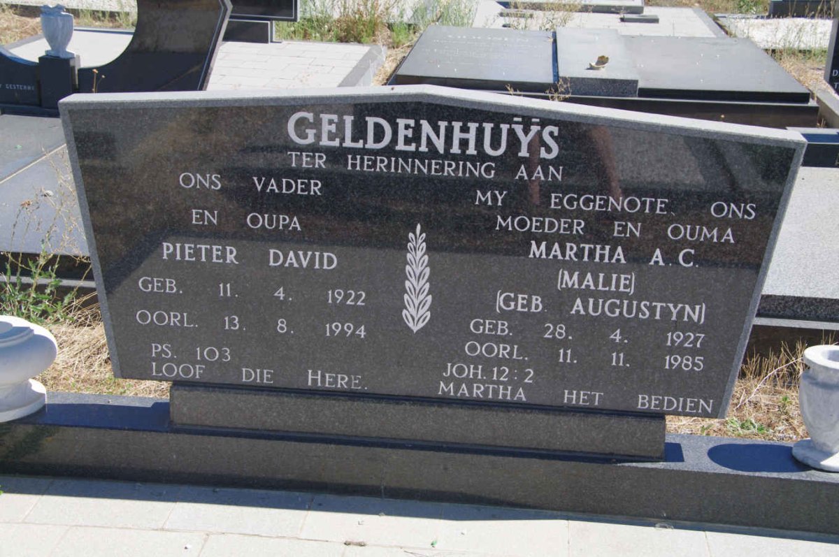 GELDENHUYS Pieter David 1922-1994 &amp; Martha A.C. AUGUSTYN 1927-1985