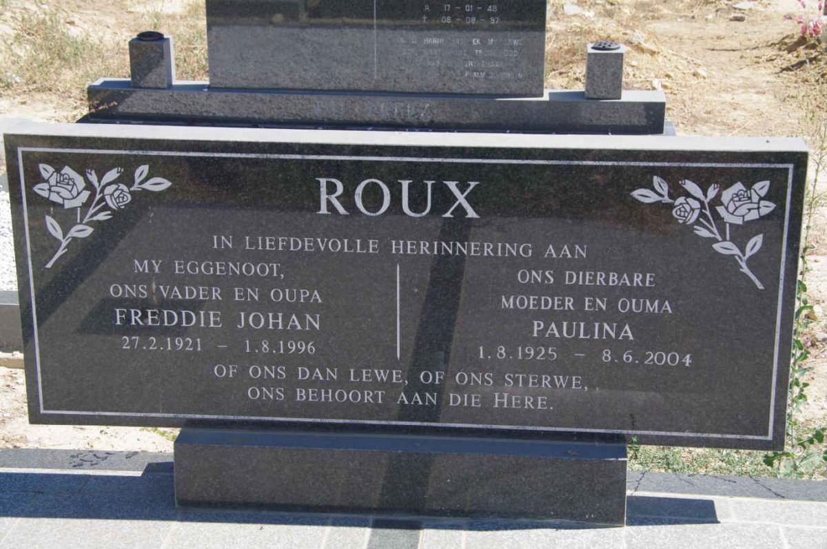ROUX Freddie Johan 1921-1996 &amp; Paulina 1925-2004