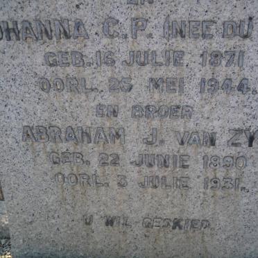 ZYL Johanna C.P.,van nee DU TOIT 1871-1946 :: VAN ZYL Abraham 1890-1931