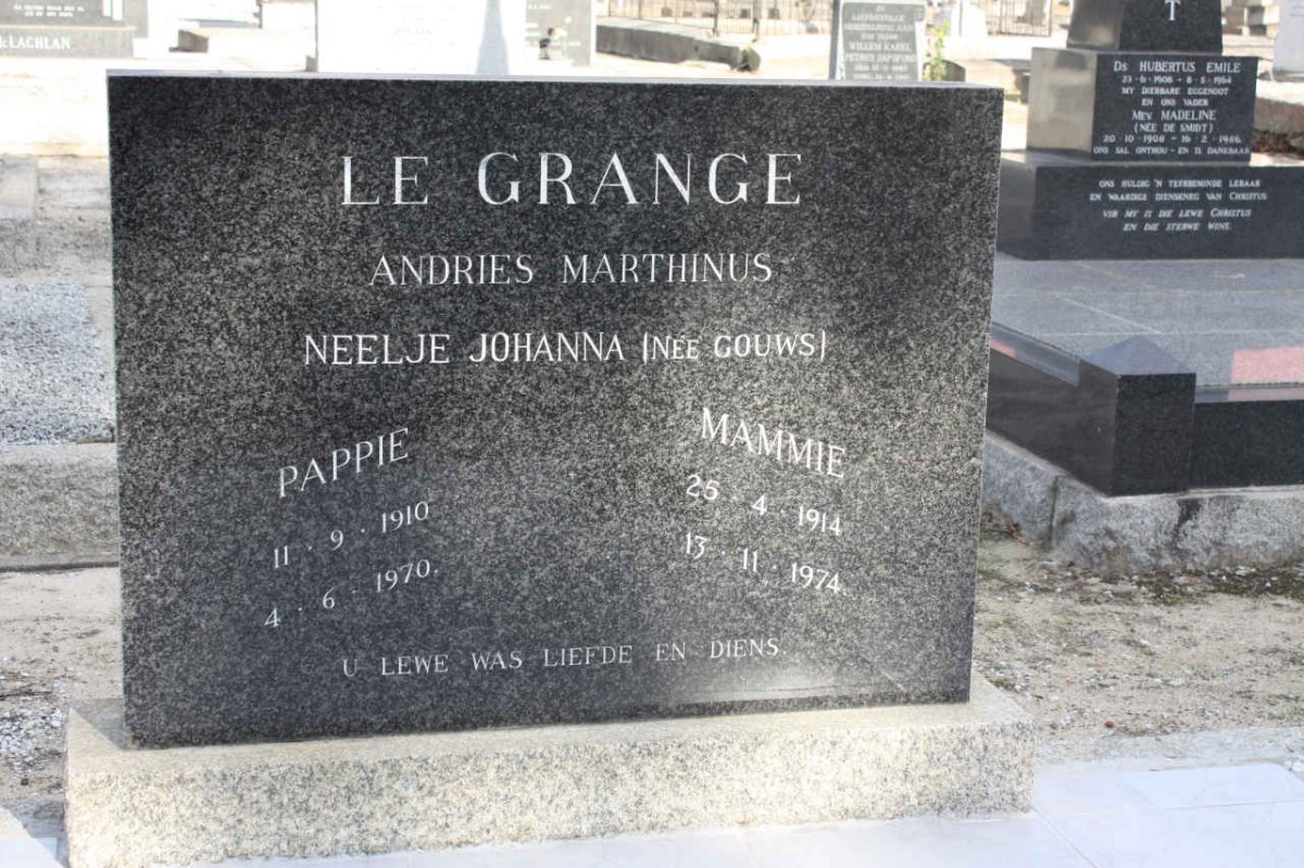 GRANGE Andries Marthinus, le 1910-1970 &amp; Neelje Johanna GOUWS 1914-1974 