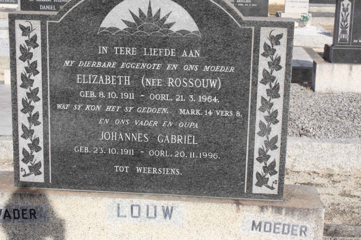 LOUW Johannes Gabriel 1911-1996 &amp; Elizabeth ROSSOUW 1911-1964