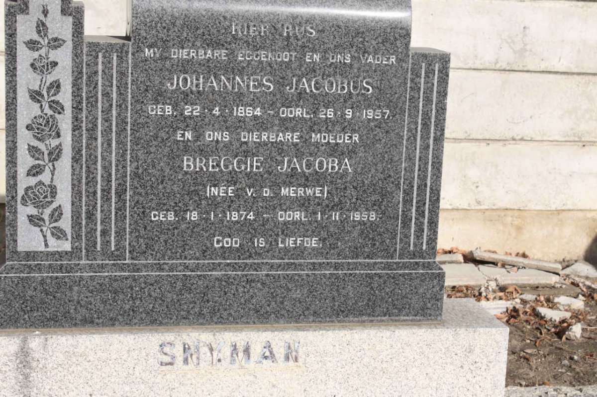 SNYMAN Johannes Jacobus 1864-1957 &amp; Breggie Jacoba V.D. MERWE 1874-1958