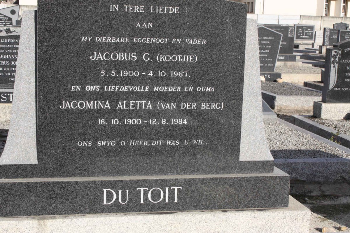TOIT Jacobus G., du 1900-1967 &amp; Jacomina Aletta VAN DER BERG 1900-1984