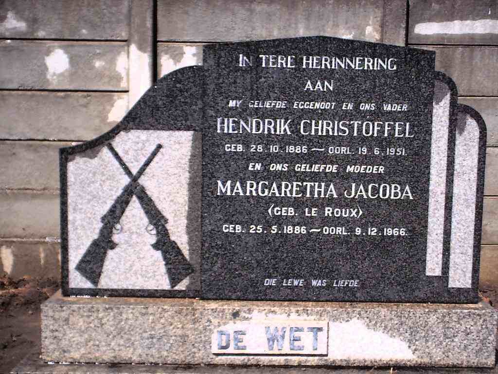 WET Hendrik Christoffel, de 1886-1951 &amp; Margaretha Jacoba LE ROUX 1886-1966