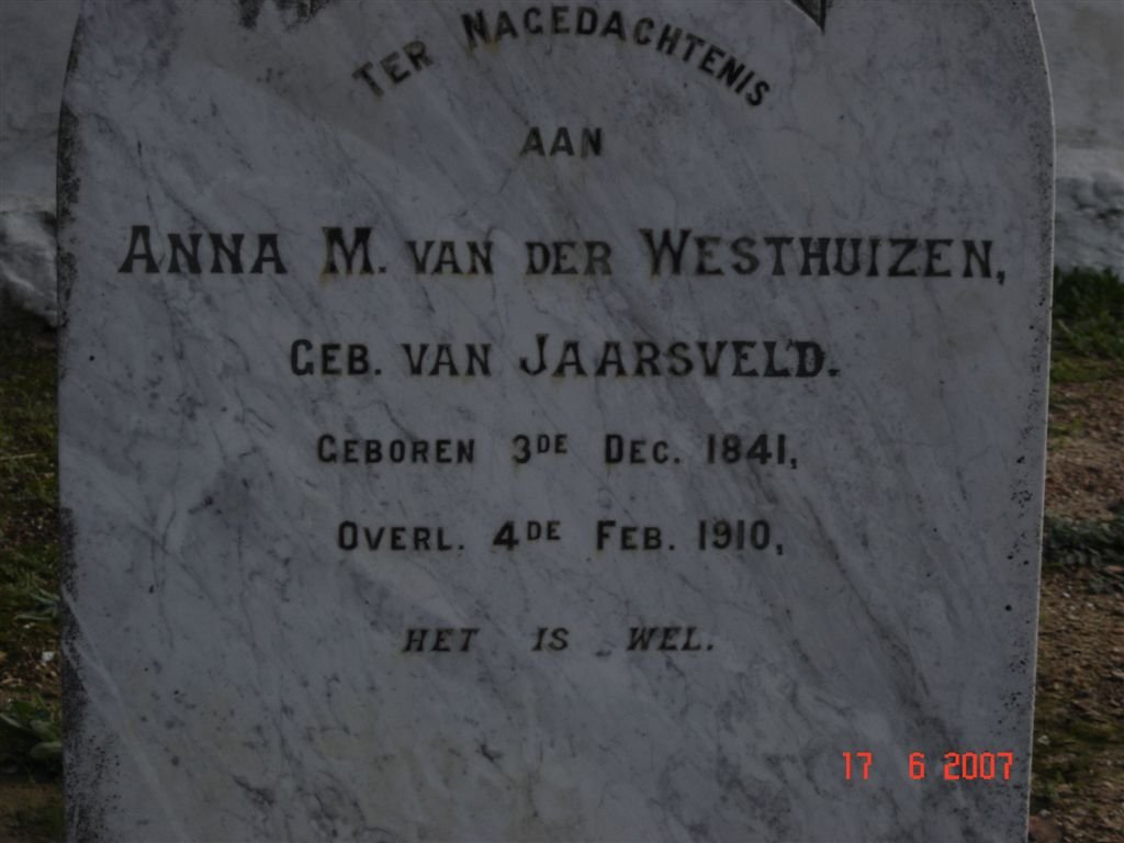 WESTHUIZEN Anna M., van der nee VAN JAARSVELD 1841-1910