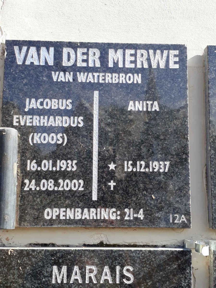 MERWE Jacobus Everhardus, van der 1935-2002 &amp; Anita 1937-
