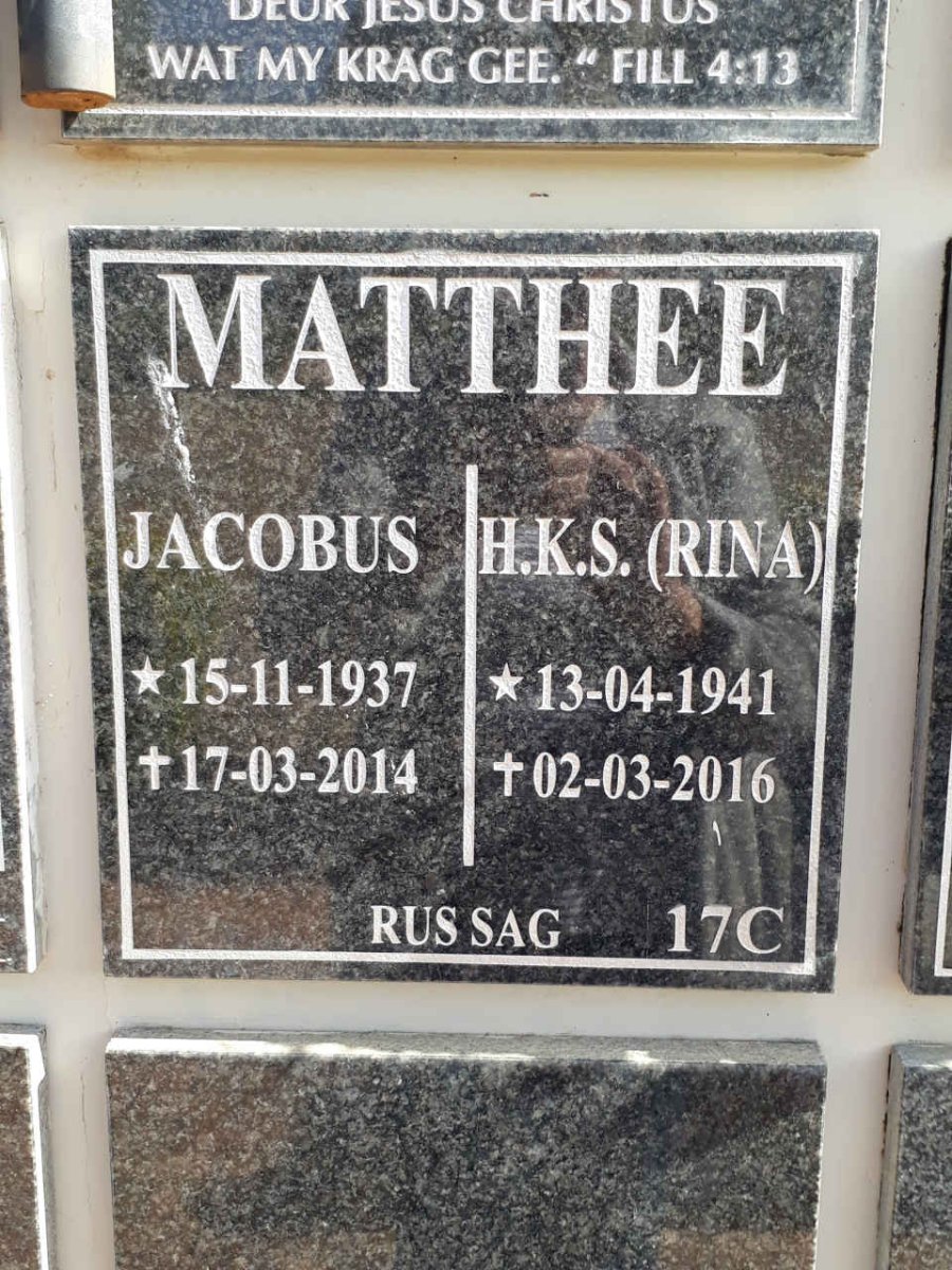 MATTHEE Jacobus 1937-2014 &amp; H.K.S. 1941-2016