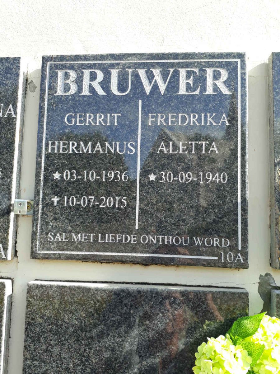 BRUWER Gerrit Hermanus 1936-2015 &amp; Fredrika Aletta 1940-