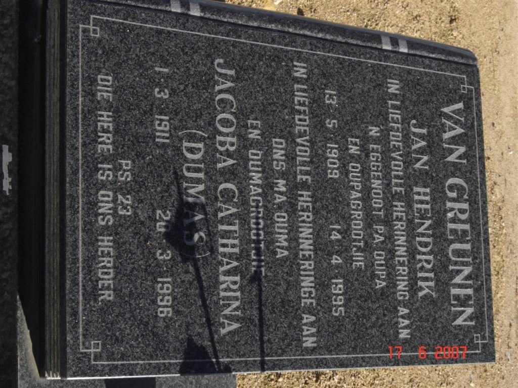 GREUNEN Jan Hendrik, van 1909-1995 &amp; Jacoba Catharina DUMAS 1911-1996