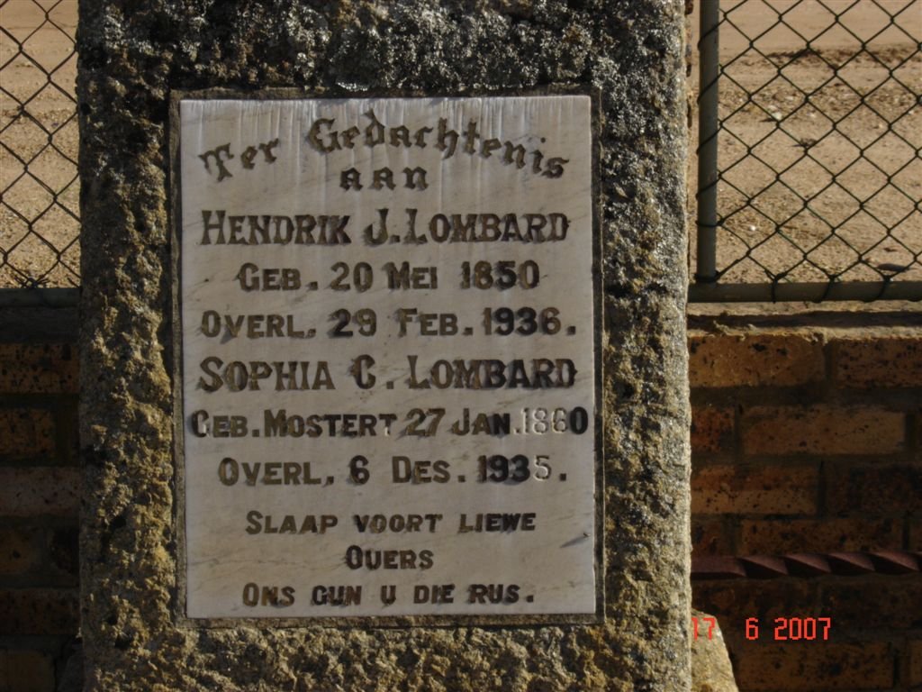LOMBARD Hendrik J. 1850-1936 &amp; Sophia C. MOSTERT 1860-1935