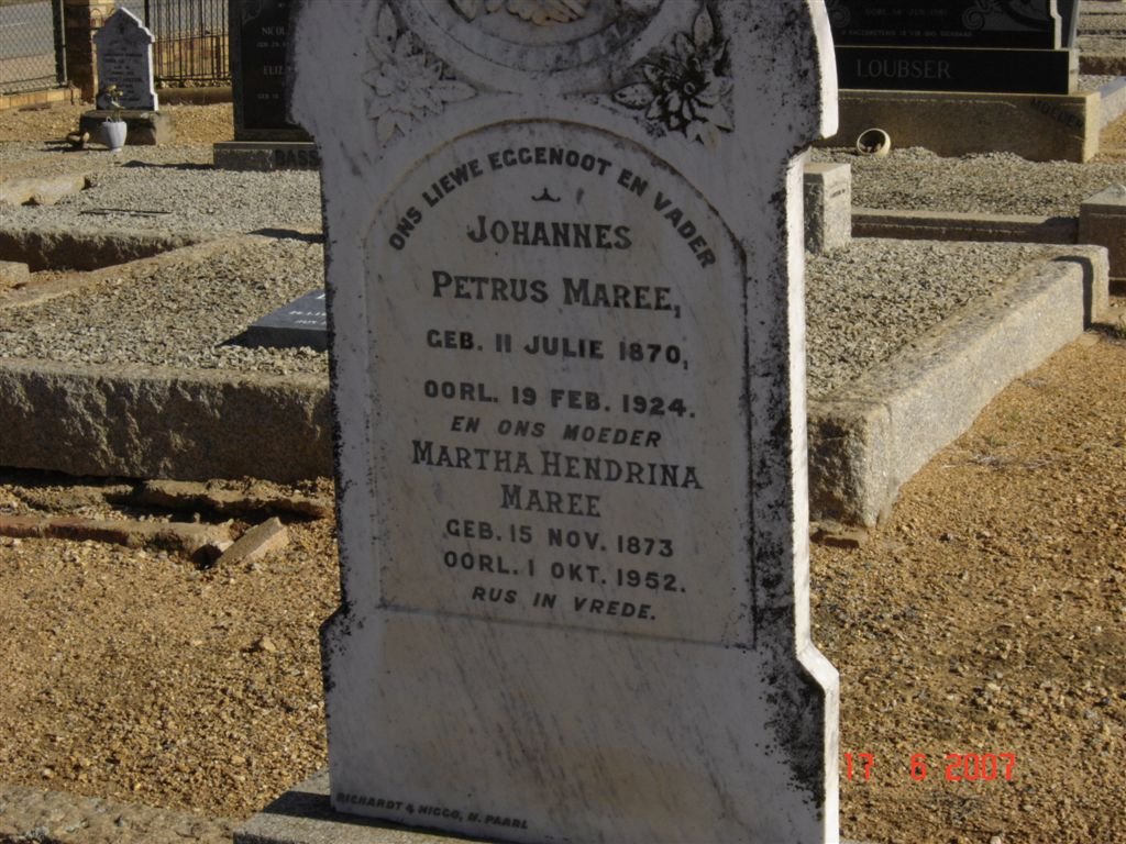 MAREE Johannes Petrus 1870-1924 &amp; Martha Hendrina MAREE 1873-1952