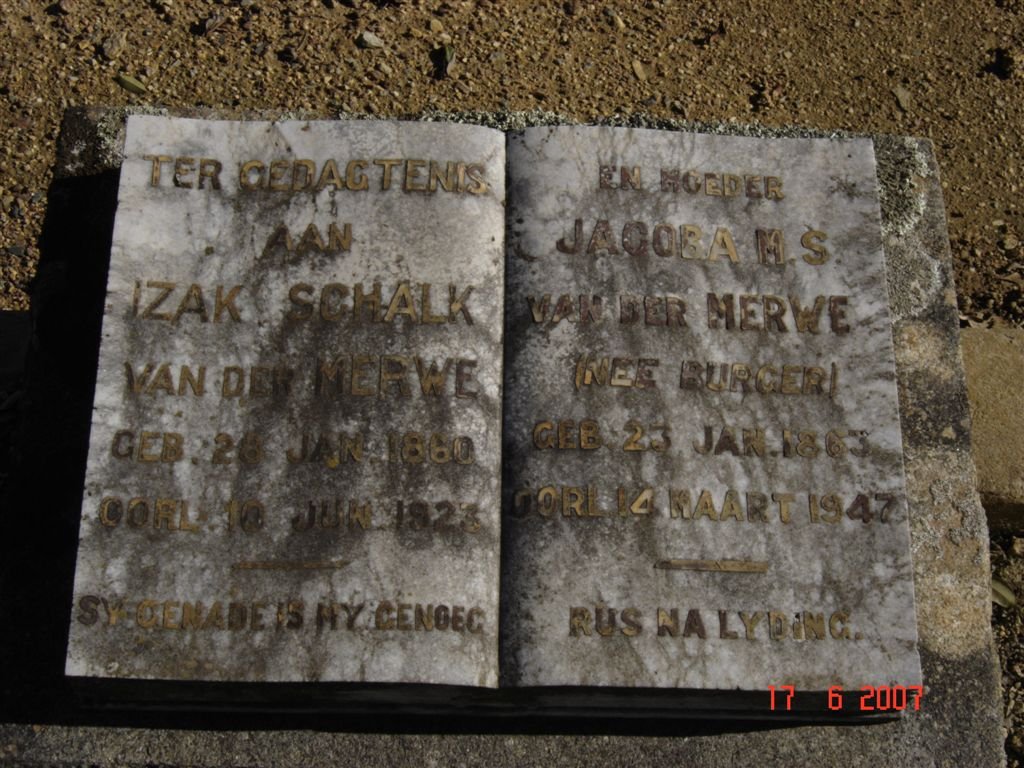 MERWE Izak Schalk, van der 1860-1923 &amp; Jacoba M.S. BURGER 1863-1947