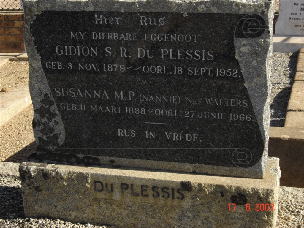 PLESSIS Gidion S.R., du 1879-1952 &amp; Susanna M.P. WALTERS 1888-1966