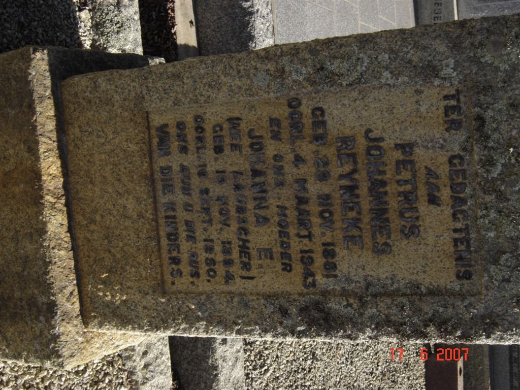 REYNEKE Petrus Johannes 1881-1943 &amp; Johanna E. LAUBSCHER 1884-1950