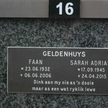 GELDENHUYS Faan 1932-2006 &amp; Sarah Adriana 1945-2015