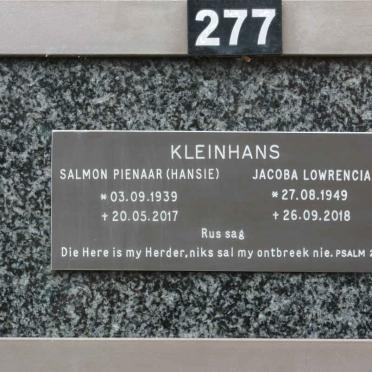 KLEINHANS Salmon Pienaar 1939-2017 &amp; Jacoba Lowrencia 1949-2018