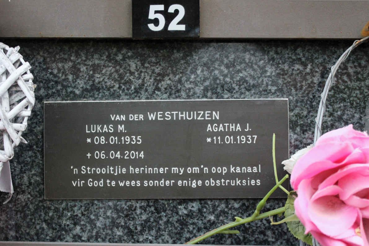WESTHUIZEN Lukas M., van der 1935-2014 &amp; Agatha J. 1937-