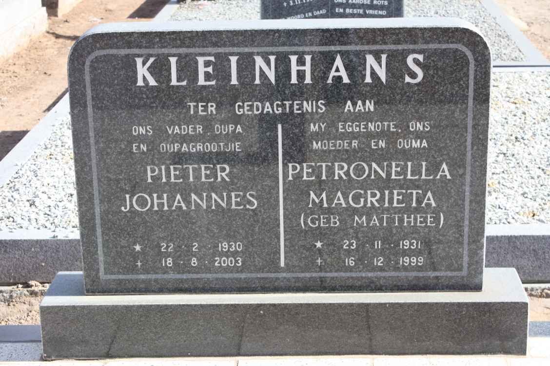 KLEINHANS Pieter Johannes 1930-2003 &amp; Petronella Magrieta MATTHEE 1931-1999