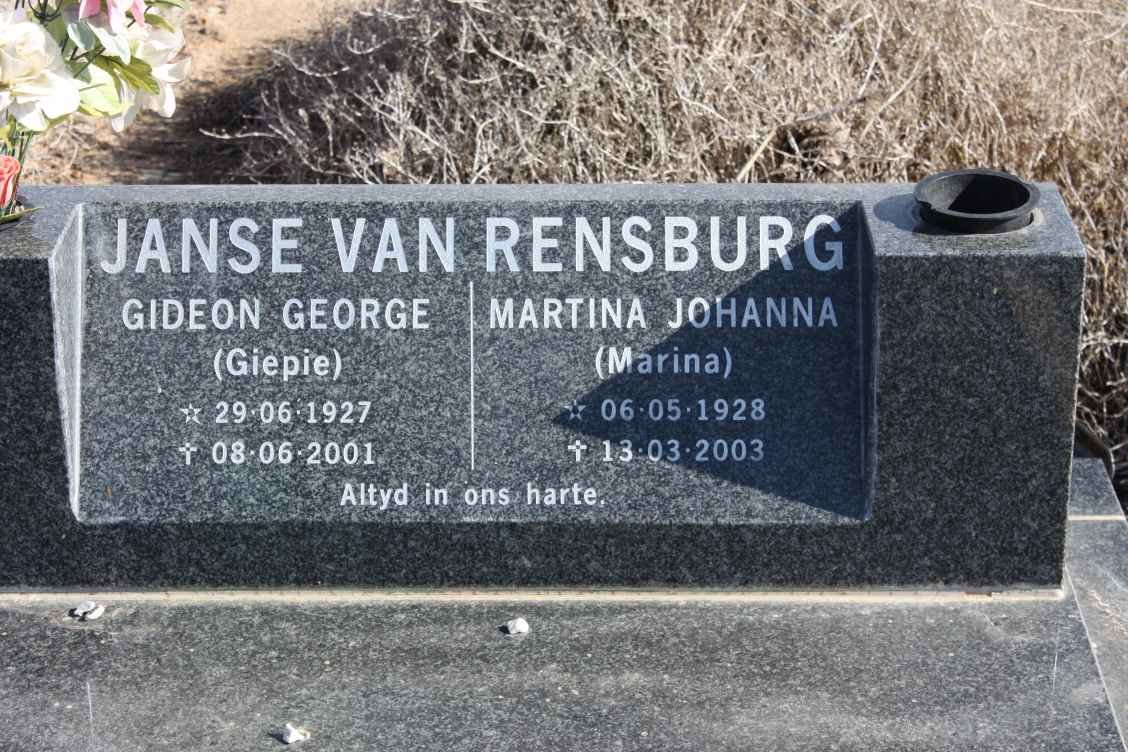 RENSBURG Gideon George, Janse van 1927-2001 &amp; Martina Johanna 1928-2003