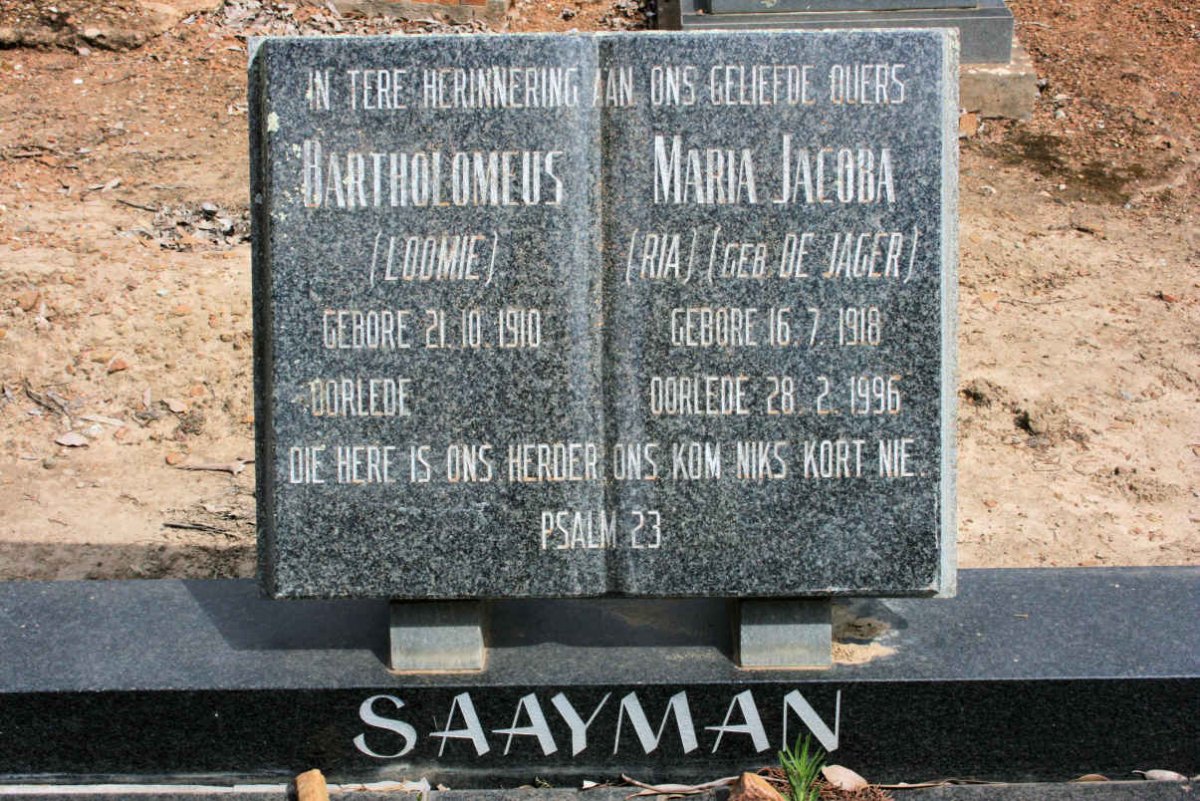 SAAYMAN Bartholomeus 1910-2002 &amp; Maria Jacoba DE JAGER 1918-1996