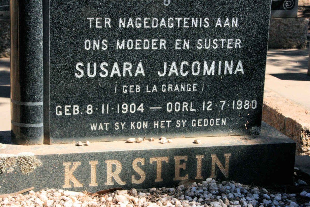 KIRSTEN Susara Jacomina neé LA GRANGE 1904-1980