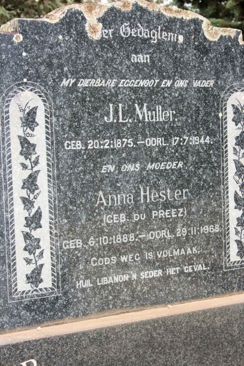 MULLER J. L. 1875-1944 &amp; Anna Hester DU PREEZ 1888-1968