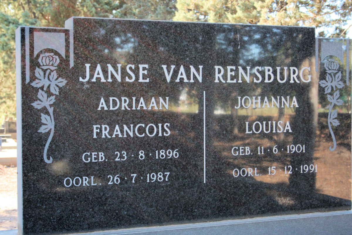 RENSBURG Adriaan Francois, Janse van 1896-1987 &amp; Johanna Louisa 1901-1991