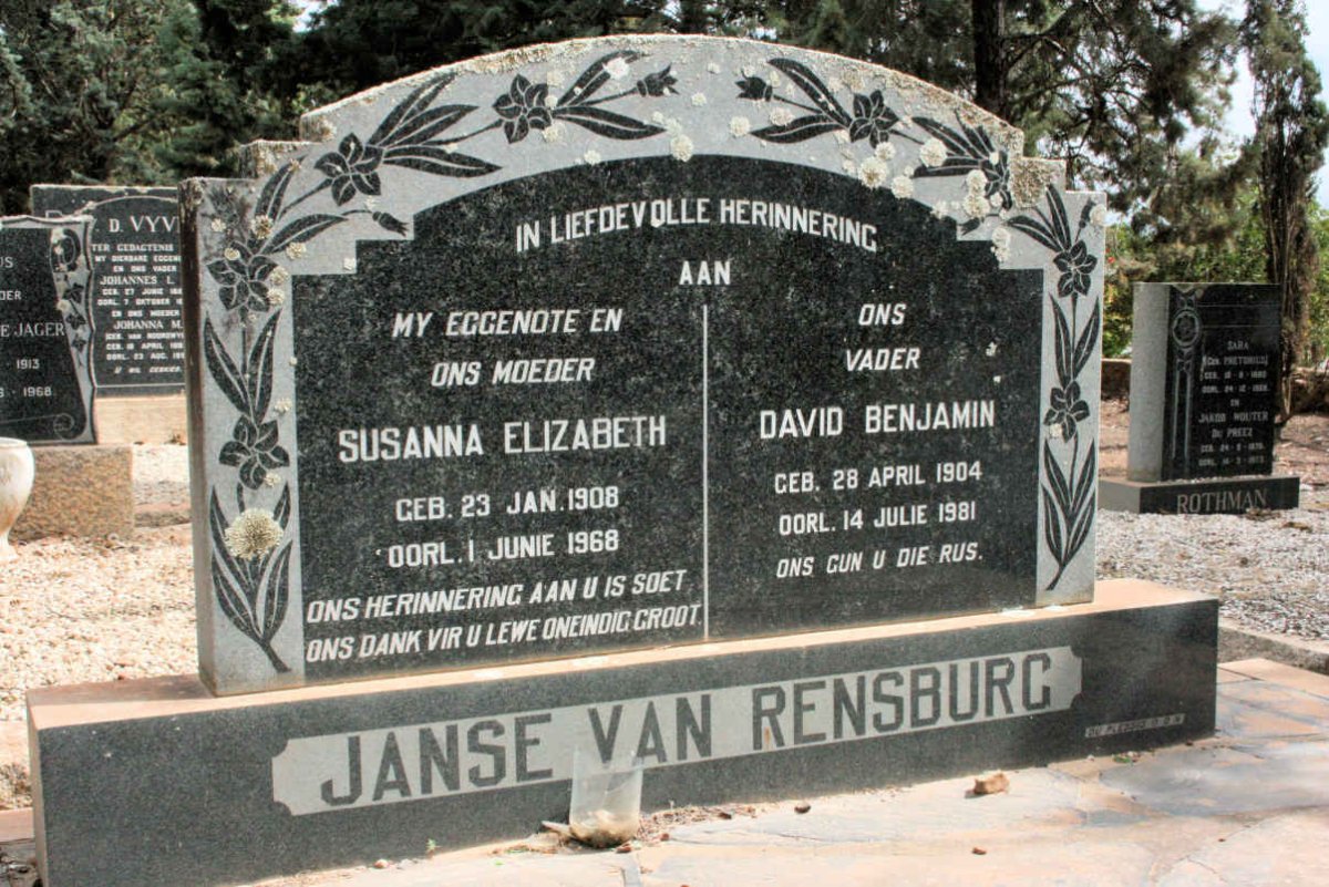 RENSBURG David Benjamin, Janse van 1904-1981 &amp; Susanna Elizabeth 1908-1968