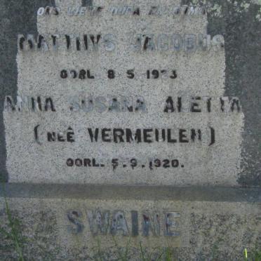 SWAINE Matthys Jacobus -1923 &amp; Anna Susana Aletta VERMEULEN -1920