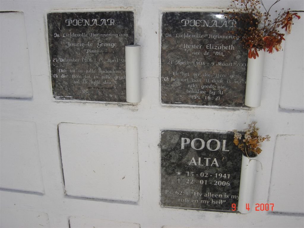 PIENAAR Hester Elizabeth nee DE WIT 1908-2001 ::  POOL Alta 1941-2006