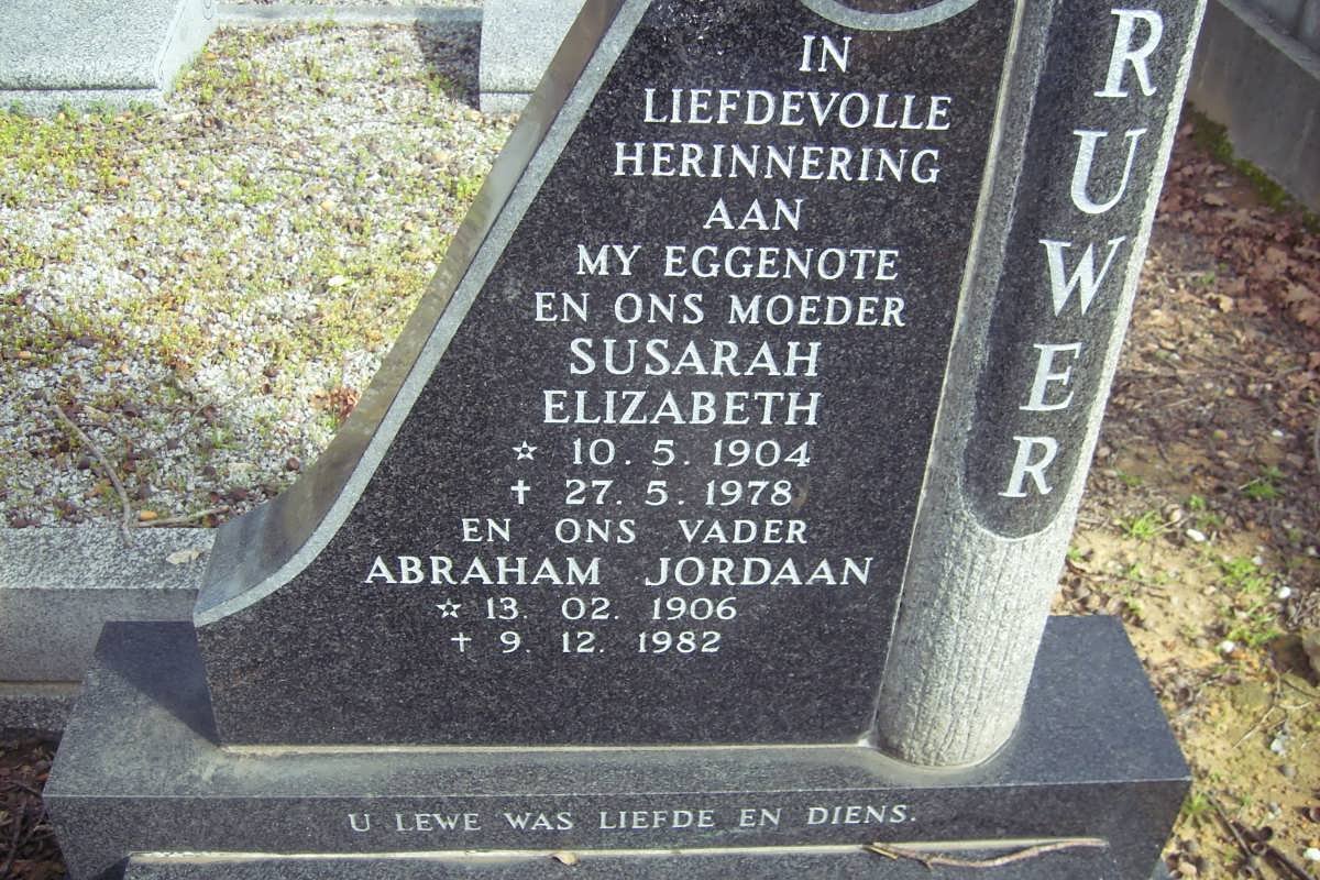 BRUWER Abraham Jordaan 1906-1982 &amp; Susarah Elizabeth 1904-1978