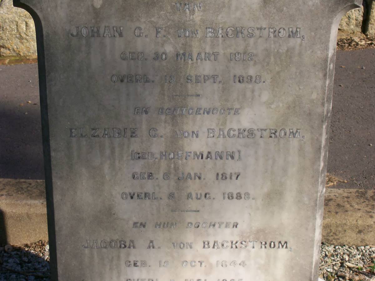 BACKSTROM Johan G.F, von 1812-1898 &amp; Elzabie G. HOFFMANN 1817-1888 :: VON BACKSTROM Jacoba A. 1844-??
