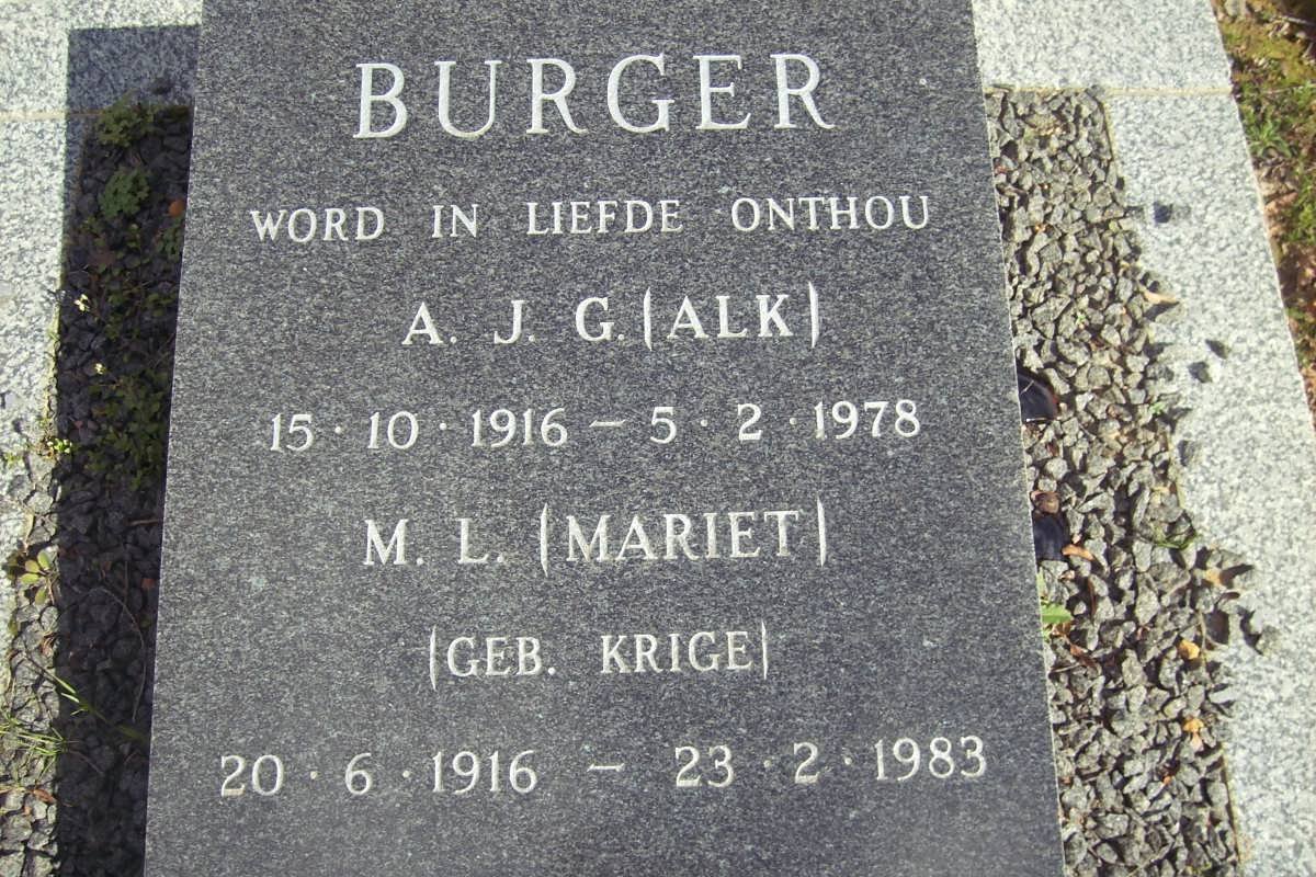 BURGER A.J.G. 1916-1978 &amp; M.L. KRIGE 1916-1983