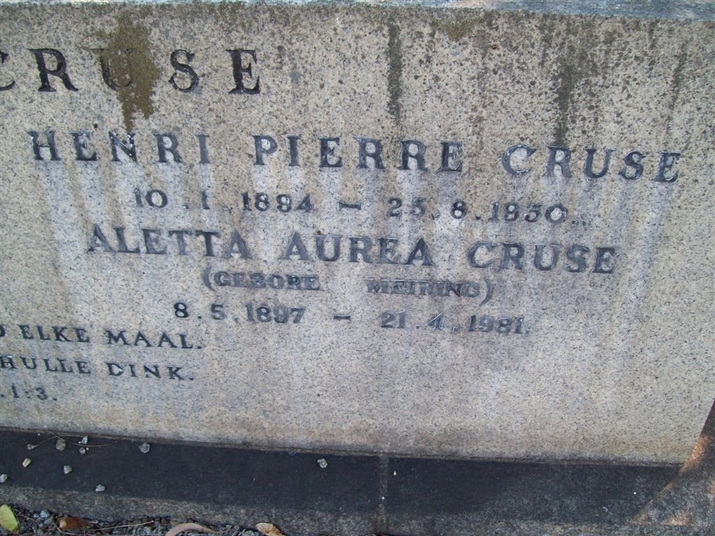 CRUSE Henri Pierre 1894-1950 &amp; Aletta Aurea MEIRING 1897-1981