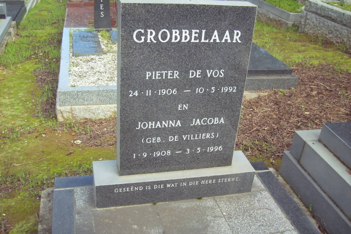GROBBELAAR Pieter de Vos 1906-1992 &amp; Johanna Jacoba DE VILLIERS 1908-1996