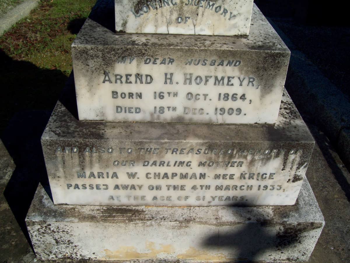 HOFMEYR Arend H. 1864-1909 &amp; Maria W. CHAPMAN nee KRIGE -1933