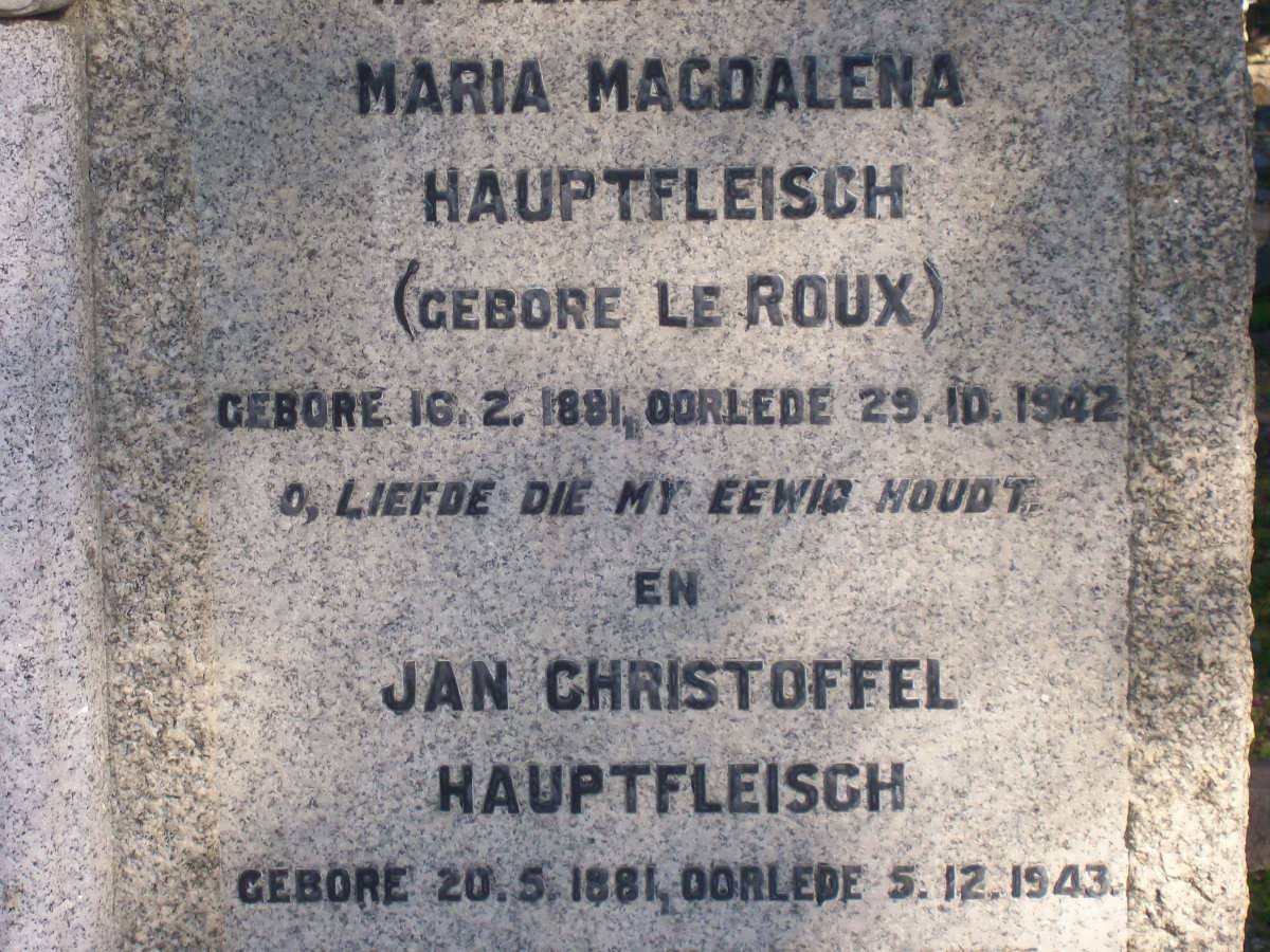 HAUPTFLEISCH Jan Christoffel 1881-1943 &amp; Maria Magdalena LE ROUX 1881-1942