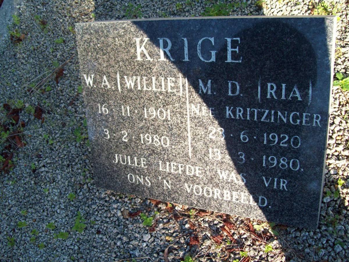 KRIGE W.A. 1901-1980 &amp; M.D. KRITZINGER 1920-1980