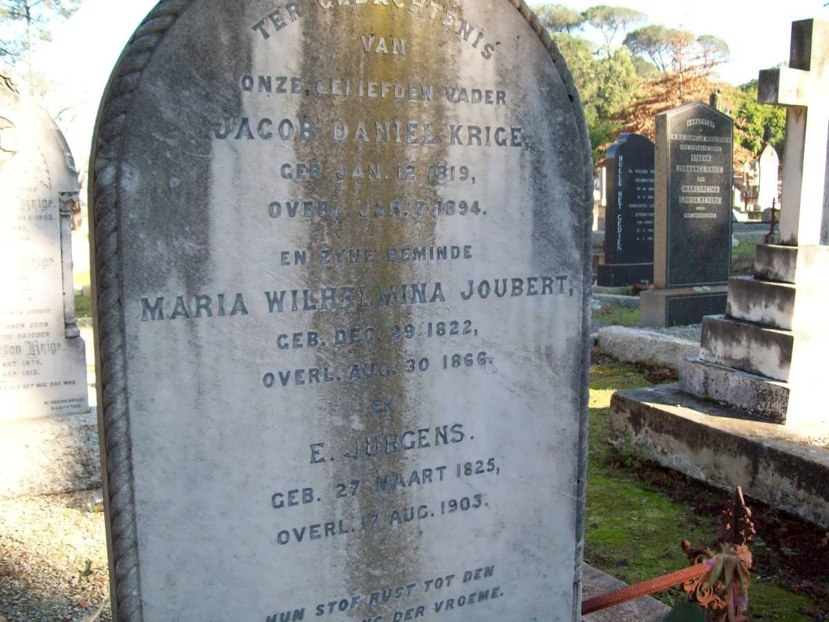 KRIGE Jacob Daniel 1819-1894 :: JOUBERT Maria Wilhelmina  1822-1866  :: JURGENS E. 1825-1903