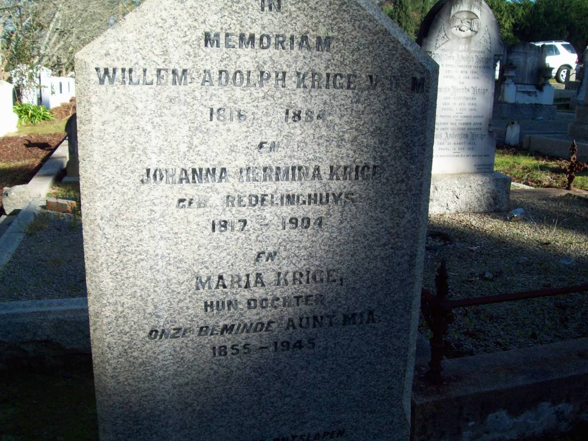 KRIGE Willem Adolph 1816-1884 &amp; Johanna Hermina REDELINGHUYS 1817-1904 :: KRIGE Maria 1855-1945