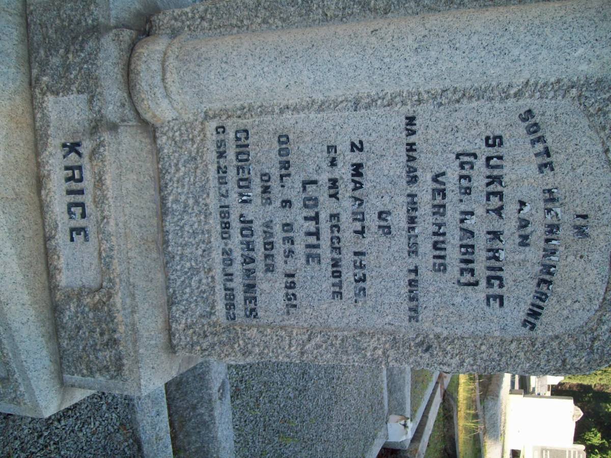 KRIGE Sukey nee RABIE -1935 :: KRIGE Lottie -1951 :: KRIGE Gideon Johannes 1880-1962
