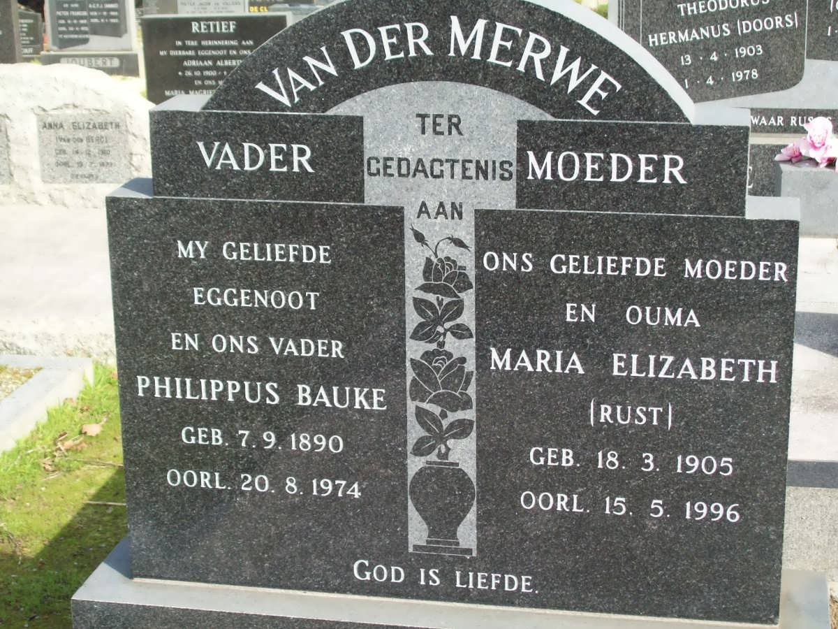 MERWE Philippus Bauke, van der 1890-1974 &amp; Maria Elizabeth RUST 1905-1996