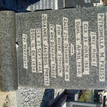 PREISS Johannes Jacobus 1848-1939 &amp; Petronella M. ROUX 1962-1930
