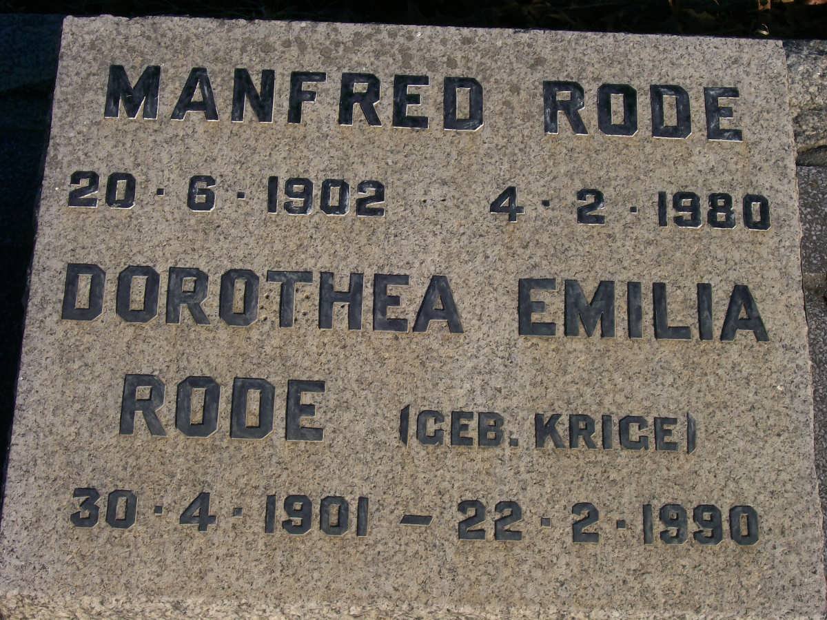 RODE Manfred 1902-1980 &amp; Dorothea Emilia KRIGE 1901-1990