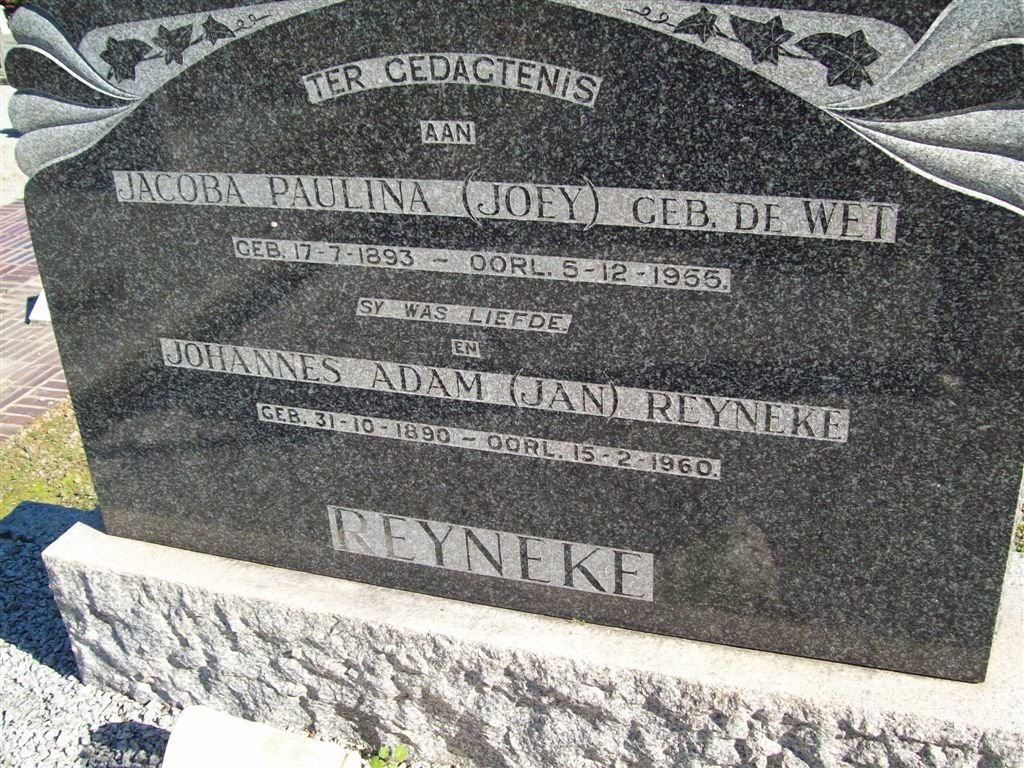 REYNEKE Johannes Adam 1890-1960 &amp; Jacoba Paulina 1893-1955
