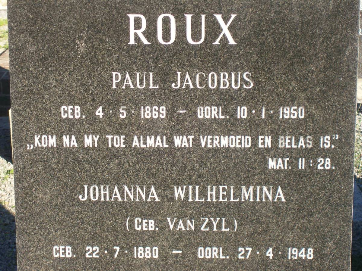 ROUX Paul Jacobus 1869-1950 &amp; Johanna Wilhelmina VAN ZYL 1880-1948