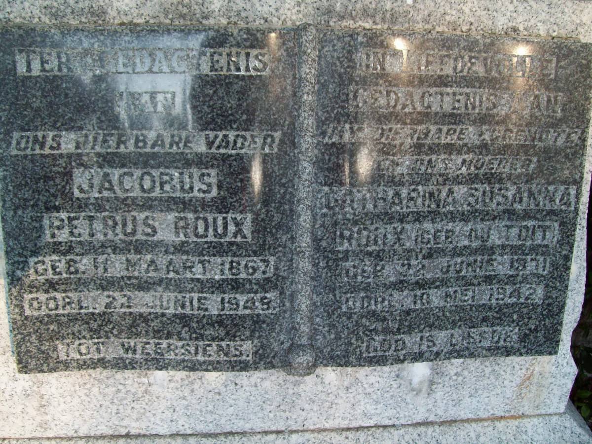 ROUX Jacobus Petrus 1867-1948 &amp; Catharina Susanna DU TOIT 1871-1942