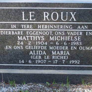 ROUX Matthys Michielse, le 1904-1983 &amp; Alida Maria LE RICHE 1907-1992